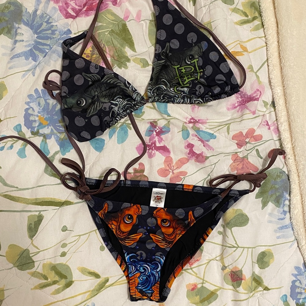 ED HARDY Vintage Y2K Rare Koi Fish String Triangle Edgy Bikini Set